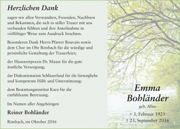 Traueranzeige von Emma Bohländer 