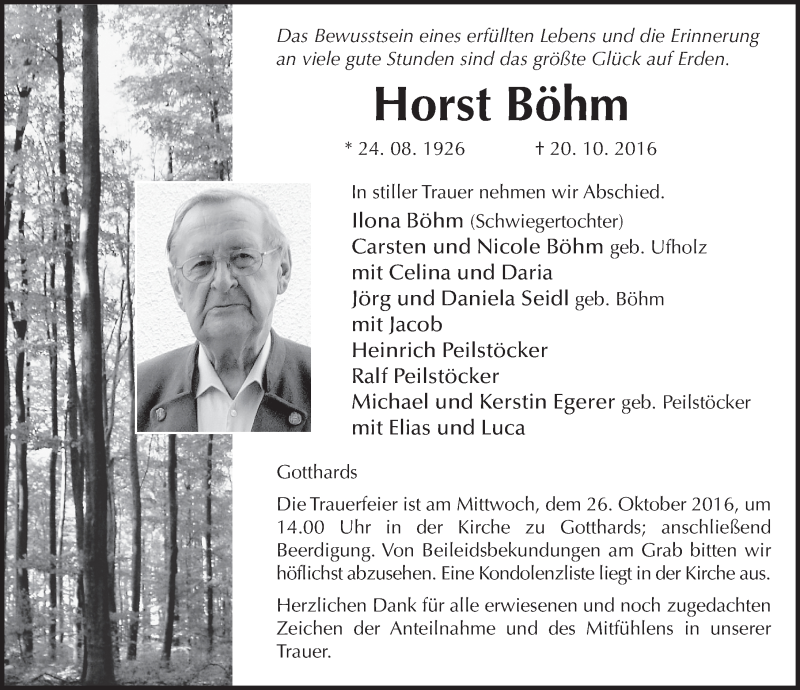  Traueranzeige für Horst Böhm vom 24.10.2016 aus 