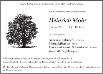 Traueranzeige von Heinrich Mohr 