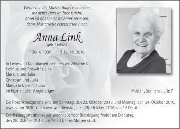 Traueranzeige von Anna Link 