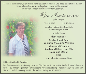 Traueranzeige von Rita Hartmann 