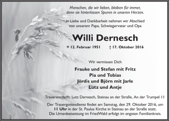Traueranzeige von Willi Dernesch 