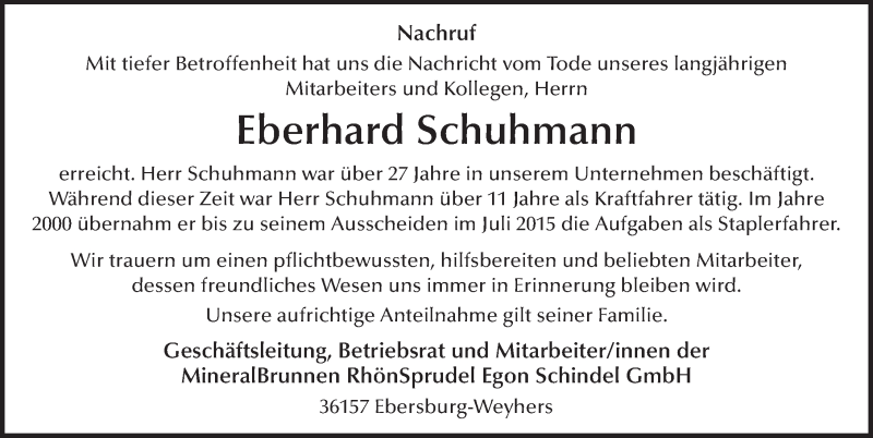  Traueranzeige für Eberhard Schuhmann vom 26.10.2016 aus 