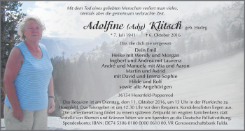 Traueranzeige von Adolfine Klitsch 