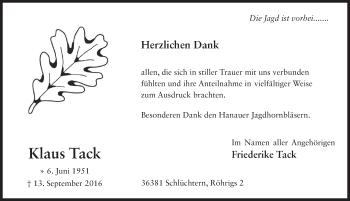 Traueranzeige von Klaus Tack 