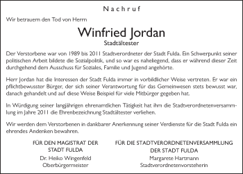 Traueranzeige von Winfried Jordan 