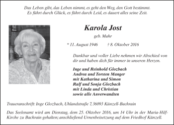 Traueranzeige von Karola Jost 