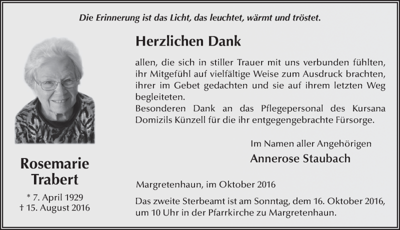  Traueranzeige für Rosemarie Trabert vom 06.10.2016 aus 