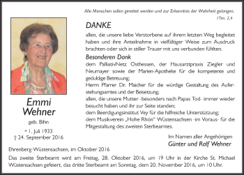 Traueranzeige von Emmi Wehner 
