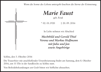 Traueranzeige von Marie Faust 