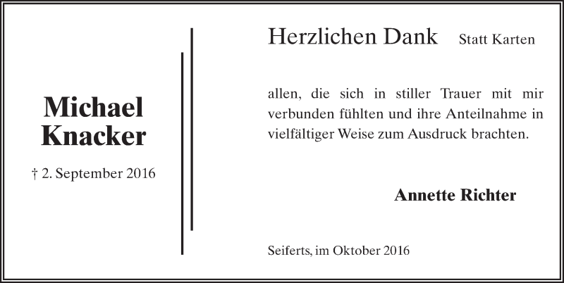  Traueranzeige für Michael Knacker vom 07.10.2016 aus 
