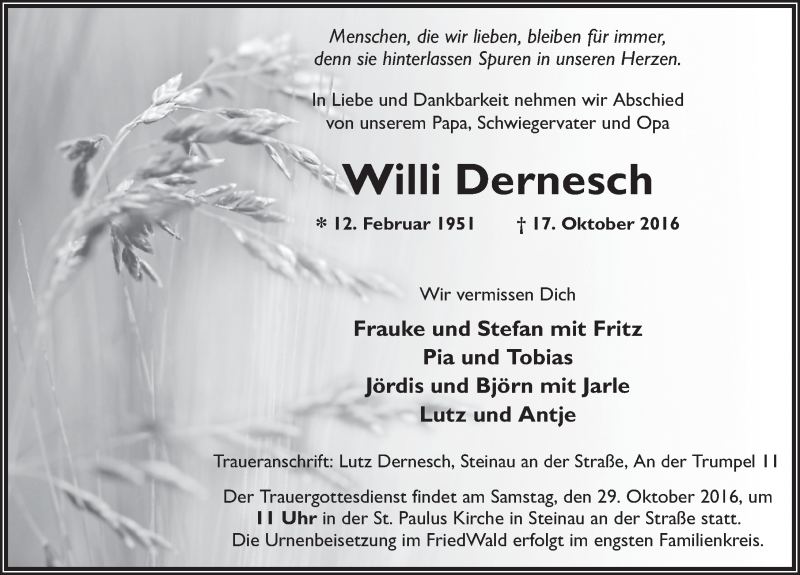 Traueranzeige für Willi Dernesch vom 26.10.2016 aus 
