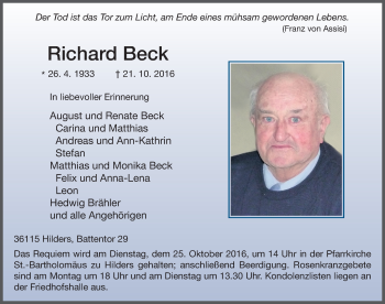 Traueranzeige von Richard Beck 