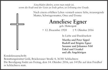Traueranzeige von Anneliese Egner 