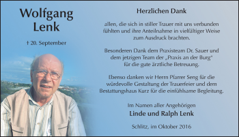 Traueranzeige von Wolfgang Lenk 