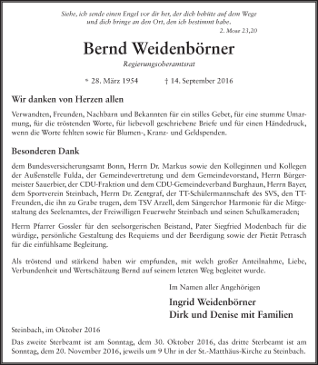Traueranzeige von Bernd Weidenbörner 