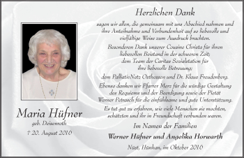 Traueranzeige von Maria Hüfner 