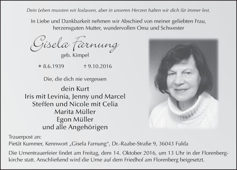  Traueranzeige für Gisela Farnung vom 12.10.2016 aus 
