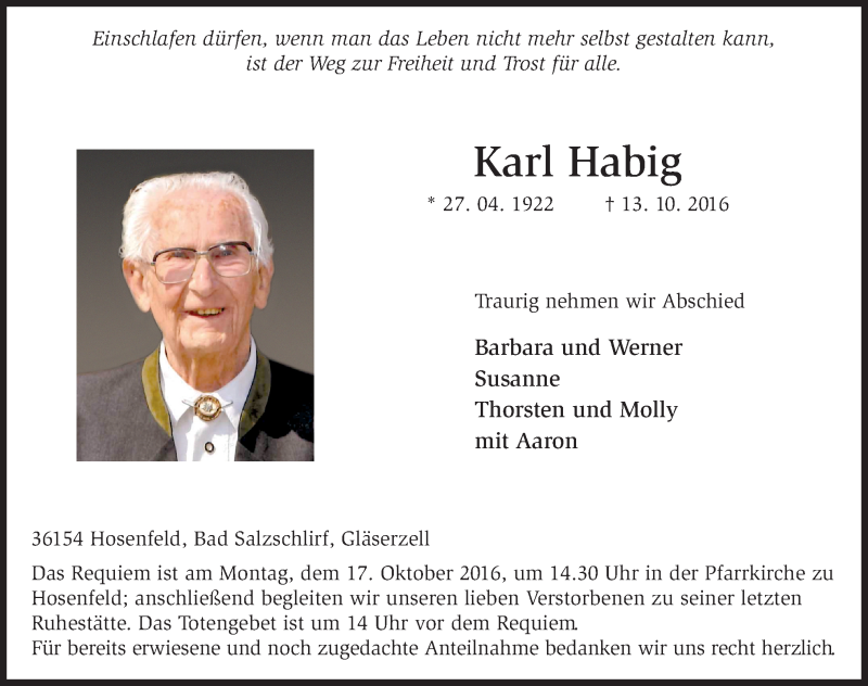  Traueranzeige für Karl Habig vom 15.10.2016 aus 