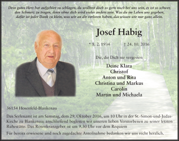 Traueranzeige von Josef Habig 