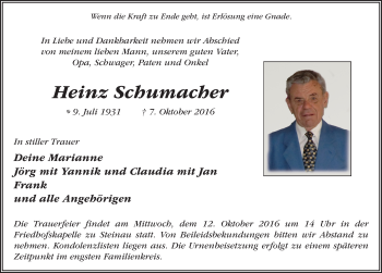 Traueranzeige von Heinz Schumacher 