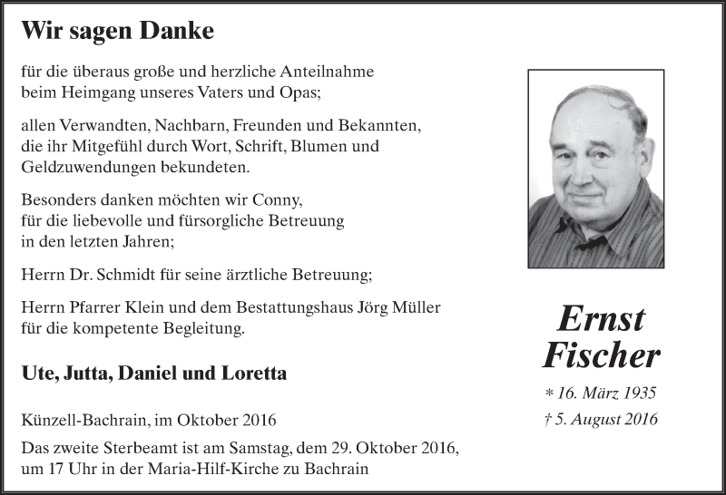  Traueranzeige für Ernst Fischer vom 25.10.2016 aus 