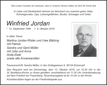 Traueranzeige von Winfried Jordan 