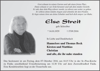 Traueranzeige von Else Streit 
