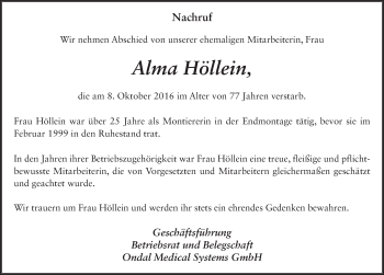 Traueranzeige von Alma Höllein 
