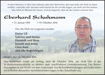 Traueranzeige von Eberhard Schuhmann 