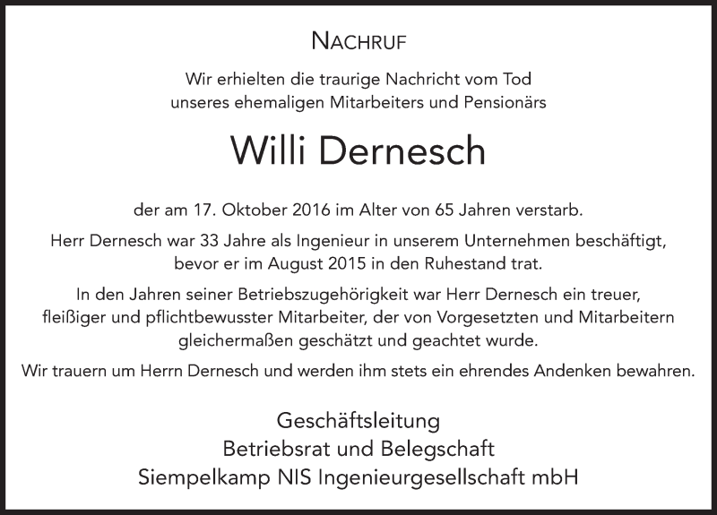  Traueranzeige für Willi Dernesch vom 28.10.2016 aus 