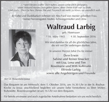 Traueranzeige von Waltraud Larbig 