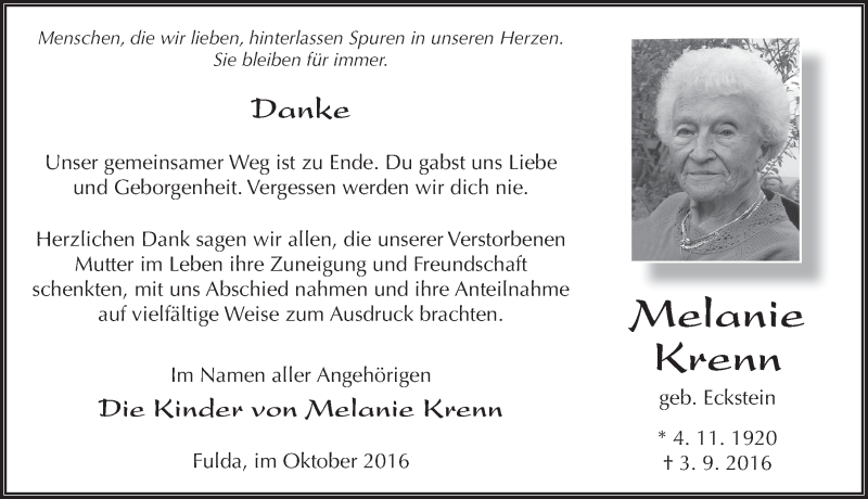  Traueranzeige für Melanie Krenn vom 01.10.2016 aus 
