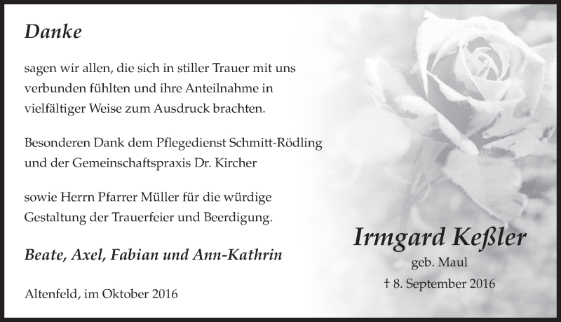  Traueranzeige für Irmgard Keßler vom 08.10.2016 aus 