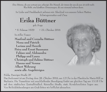 Traueranzeige von Erika Büttner 
