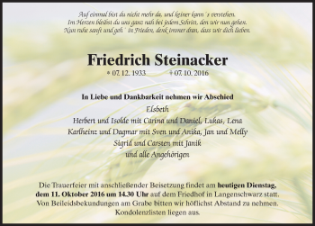 Traueranzeige von Friedrich Steinacker 