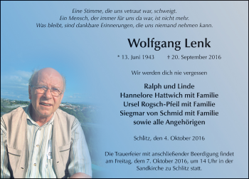 Traueranzeige von Wolfgang Lenk 