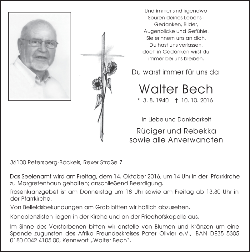  Traueranzeige für Walter Bech vom 12.10.2016 aus 