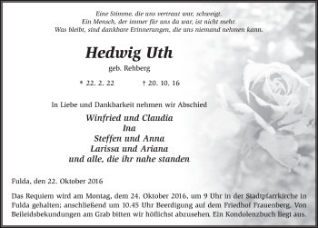 Traueranzeige von Hedwig Uth 