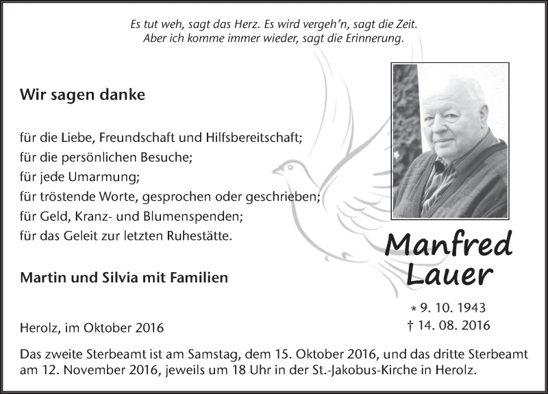  Traueranzeige für Manfred Lauer vom 13.10.2016 aus 