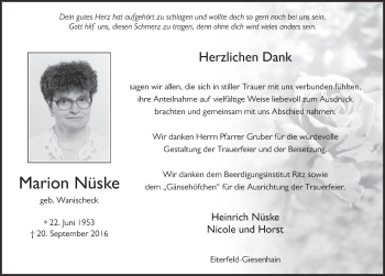 Traueranzeige von Marion Nüske 