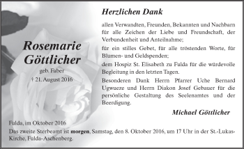 Traueranzeige von Rosemarie Göttlicher 