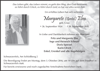 Traueranzeige von Margarete Elm 