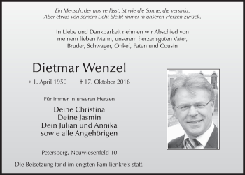 Traueranzeige von Dietmar Wenzel 