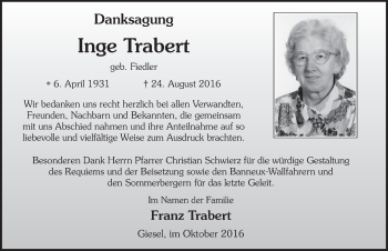 Traueranzeige von Inge Trabert 