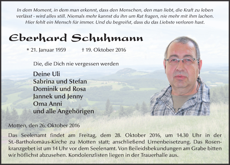  Traueranzeige für Eberhard Schuhmann vom 26.10.2016 aus 