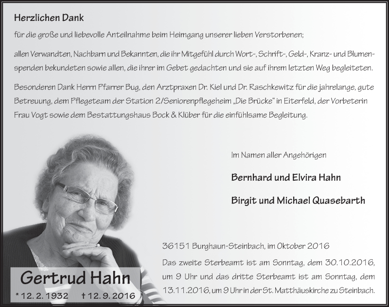  Traueranzeige für Gertrud Hahn vom 22.10.2016 aus 