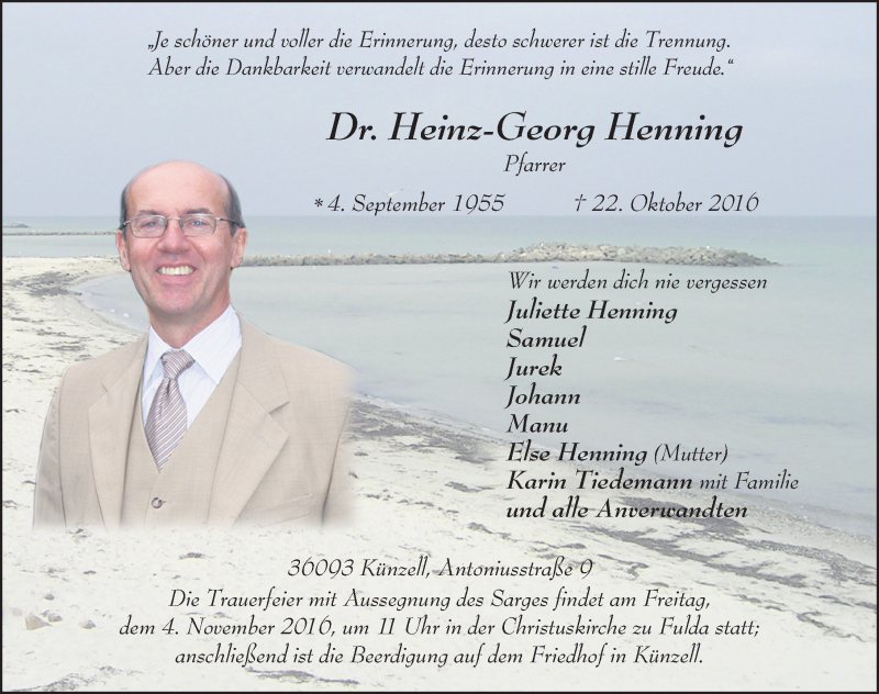  Traueranzeige für Heinz-Georg Henning vom 29.10.2016 aus 