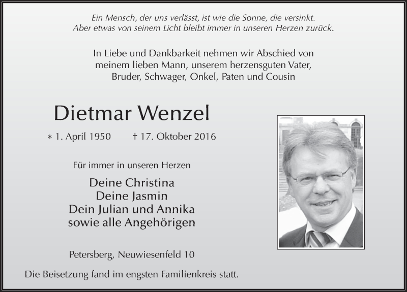  Traueranzeige für Dietmar Wenzel vom 22.10.2016 aus 