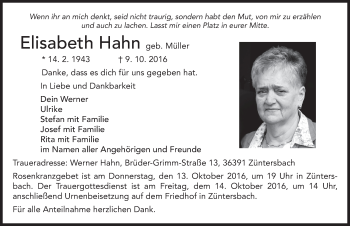 Traueranzeige von Elisabeth Hahn 